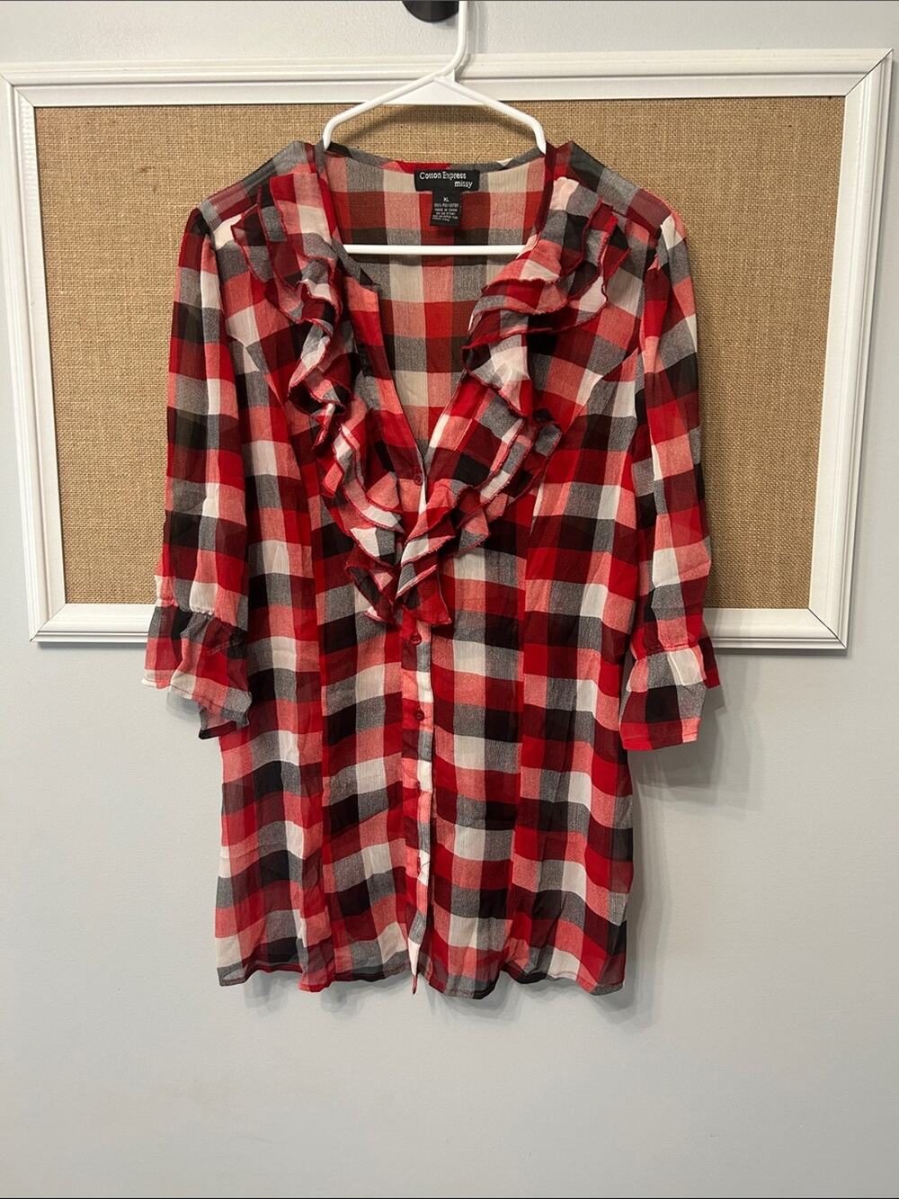Cotton Express Red Black White Plaid Ruffle Button-Up Blouse
